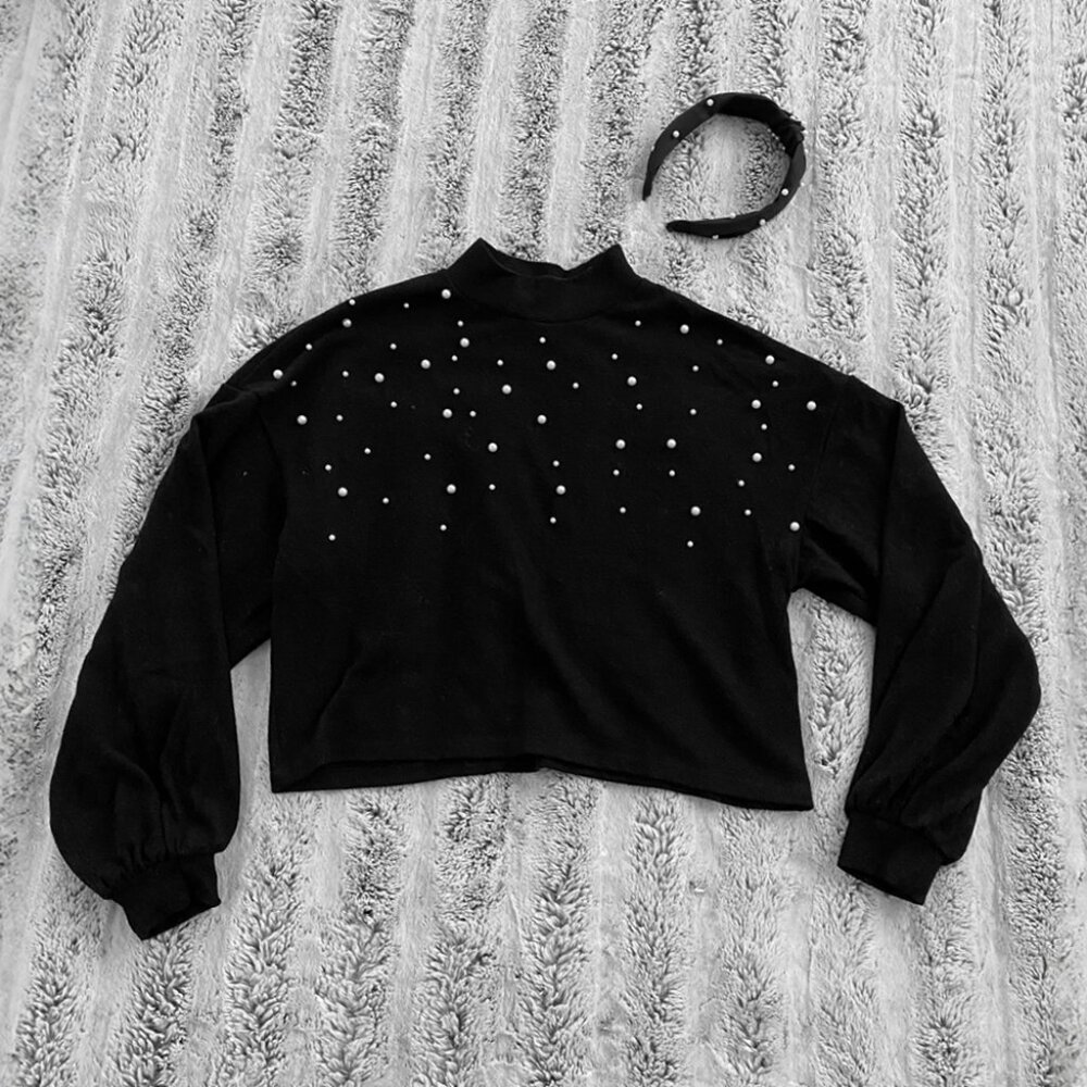H&M Black + White Beaded Embellished Pearl Pullover Sweater + Matching Headband